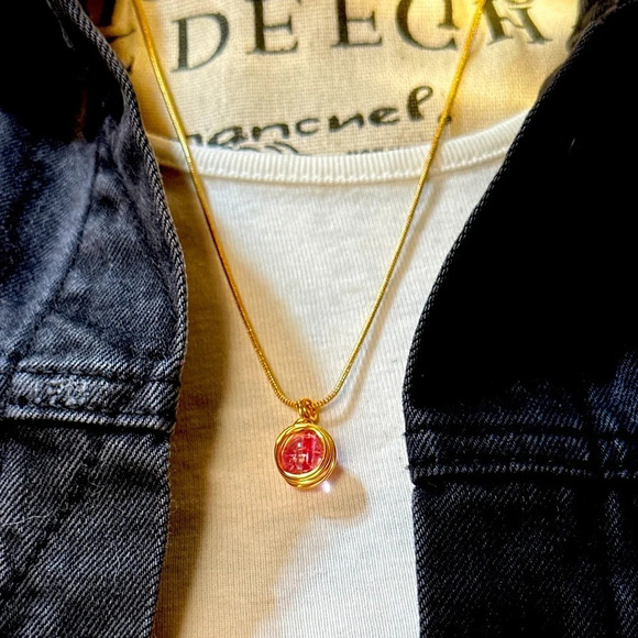 Pink Tourmaline gold sphere /worry stone/protection necklace - Picture 1 of 9